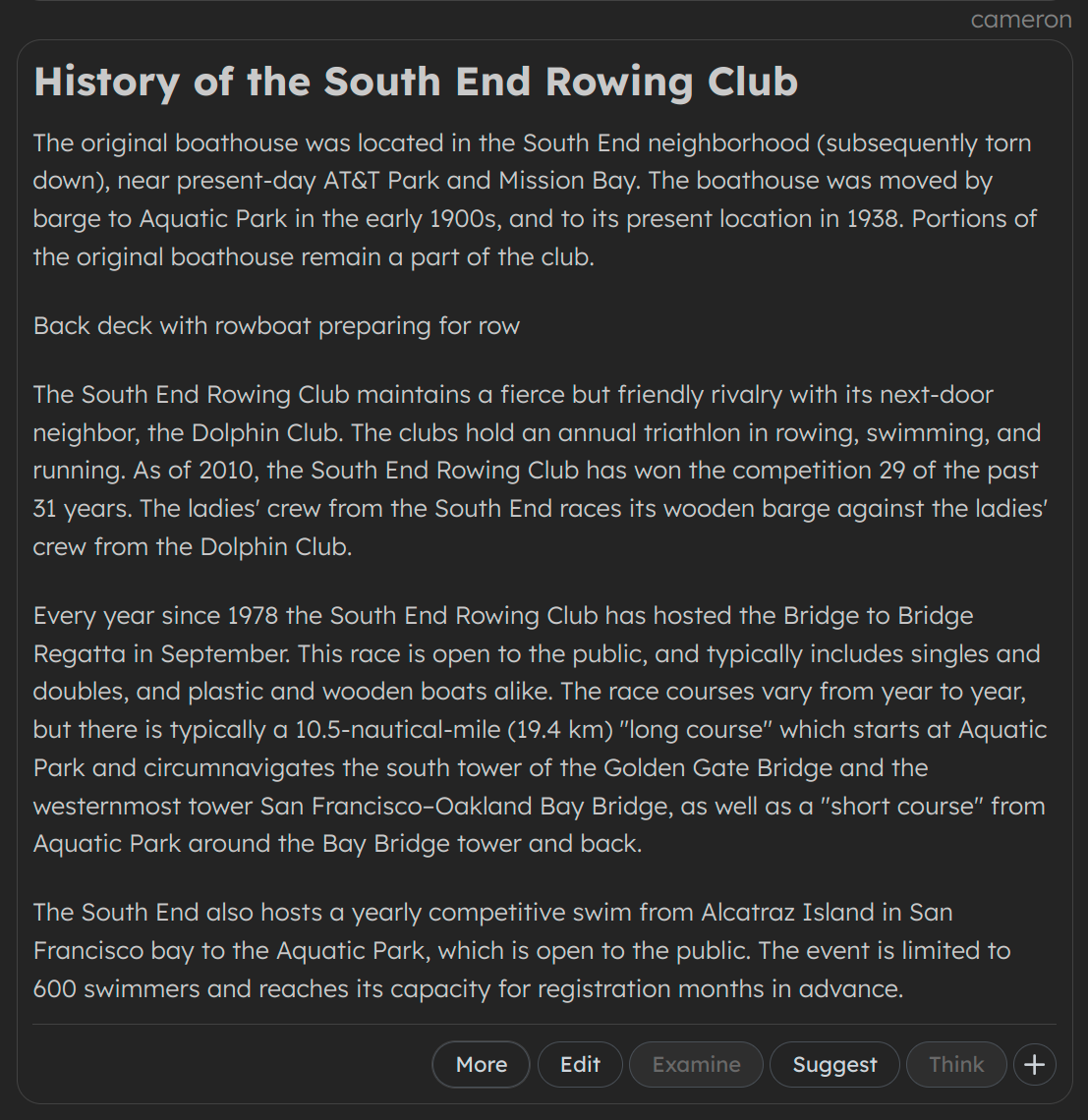 The history of the South End Rowing Club